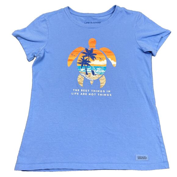 Life Is Good The Best Things In Life Beach Turtle T Shirt Womens Small Blue Tee - Picture 1 of 8